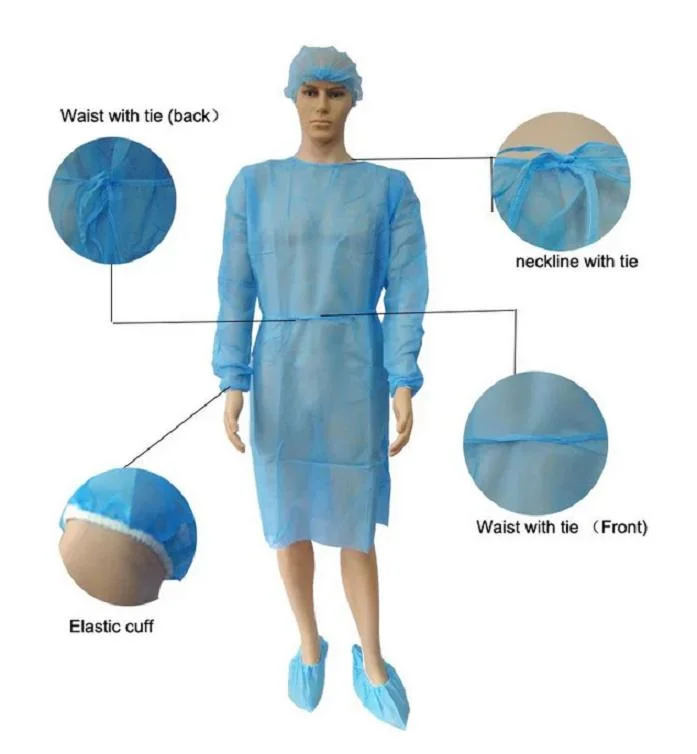 China Factory Wholesale Price Blue Yellow Red White 30GSM 40GSM Apron Suit PP PE SMS Disposable Medical Uniform Surgical Isolation Gown for Hospital